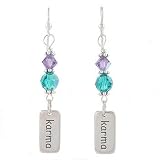 KARMA Word Tag Dangle Earrings in Sterling Silver with Lavender and Teal Swarovski Austrian Crystal Beads, #8091
