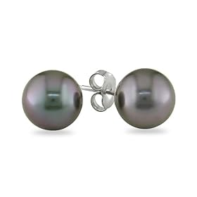 14K White Gold 9-10mm Black Tahitian Pearl Earrings: Jewelry