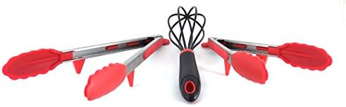 Kitchen Tongs, Red Silicone and Stainless Steel with Stand, 9 and 12 Inch, Plus a Whisk By Dazzling Kitchen
