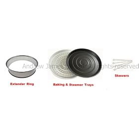 Halogen Oven Accessories includes extender ring, baking and steamer trays and skewers, suitable for any 10-12 litre Halogen Oven