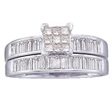 1 Carat Princess Baguette Diamond 14k White Gold Bridal Set Ring