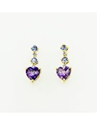14K Gold Amethyst and Tanzanite Heart Shaped Dangle Earrings