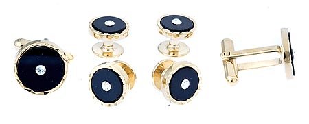 Gold plated and black enamel cufflinks with a central crystal accent with presentation box
