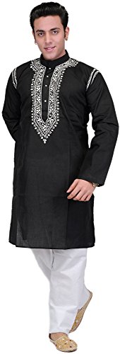 Exotic India Black Kurta Pajama with Lucknavi Embroider