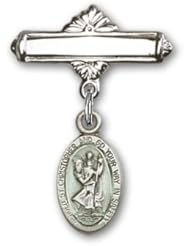 Sterling Silver Baby Badge with Blue St. Christopher Charm and Polished Badge Pin