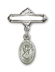 Sterling Silver Baby Badge with Blue St. Christopher Charm and Polished Badge Pin