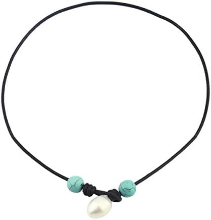 16.9 Inch Handmade 13-14 Mm Rice-shaped Genuine Leather Pearl Necklace with Turquoise for Women Black