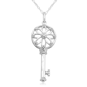 10k White Gold Diamond Key Pendant (0.05 cttw, I-J Color, I3 Clarity), 18''>