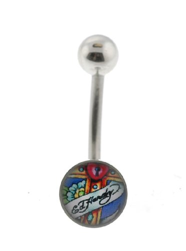Genuine Ed Hardy Stainless Steel Belly Ring - Heart Lock Logo in 8mm - 14 Gauge - 5mm Ball - Sold Individually