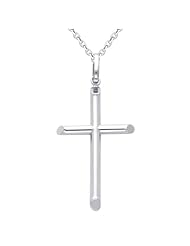 14K White Gold Classic Cross Charm Pendant with White Gold 1.6mm Side Diamond-cut Rolo Cable Chain Necklace with Lobster Claw Clasp - 16" Inches - Pendant Necklace Combination