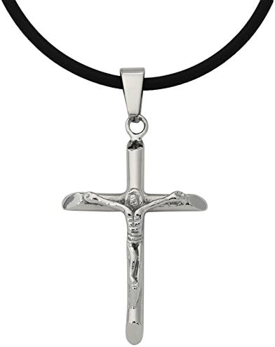 Small Crucifix Cross Stainless Steel Pendant Cord Necklace