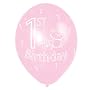 Girls Pink 1st Birthday Party Balloon all over print, pack of 6