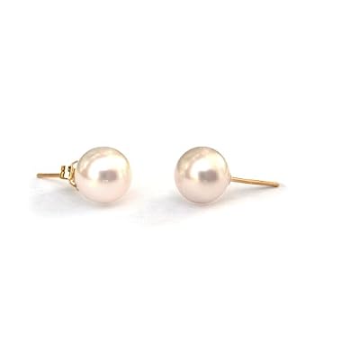 HinsonGayle AA+ Round 8.0-8.5mm White Cultured Pearl Stud Earrings (14K Yellow Gold)