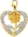 Rose In Heart, 14K Gold Diamond Charm