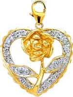 Rose In Heart, 14K Gold Diamond Charm
