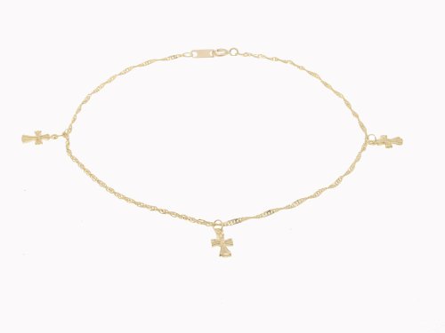 14k Gold Twisted Rope Style Anklet with Cross Charms