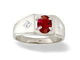 14K White Gold Genuine Oval Ruby and Diamond Men's Ring