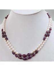 2 Strands Elegant Natural Fresh Water Pearl & Ruby Beaded Necklace