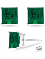 1.96 Cts of 5 mm AAA Princess Russian Lab Created Emerald Stud Earrings in 14K White Gold