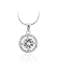 Alexander James White Gold Rhodium Bonded Circle Pendant with a Round Cut Zircon and 18 Inch Snake Chain in Silvertone Chain Included