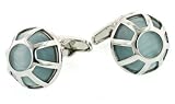 Dramatic silver plated cage style cufflinks with lush gray cats eye accent with presentation box