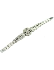 Rhinestone Studded Rose Bracelet Ladies Silver Tone Flower Wrist Watch Womens Fashion Watch