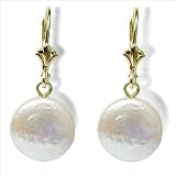 14K yellow gold Coin dangle Freshwater cultured pearl earrings