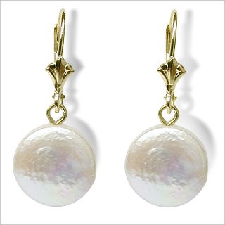 14K yellow gold Coin dangle Freshwater cultured pearl earrings