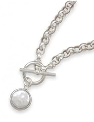 MMA Silver - 16 inch Toggle Link Necklace with Bezel Set Coin Pearl Drop