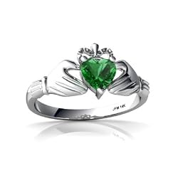 White Gold Heart Created Emerald Celtic Claddagh Ring