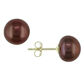 9-10 mm Brown Freshwater Pearl Earrings in 10k Yellow Gold