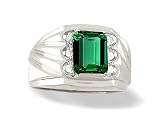 14K White Gold Emerald-cut Created Emerald and Diamond Men's Ring