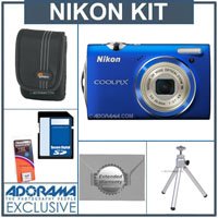 Nikon Coolpix S5100 Digital Camera Kit - Blue - with 8GB SD Memory Card, Camera Case, Table Top Tripod, Spare Rechargeable Li-ion Battery EN-EL10, 2 Year Extended Service Coverage