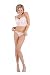 2 PC. Underwired pink polka dot bustier with satin ribbon, lace trim, and matching thong