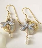 Silver Forest Simulated Pearl Dragonfly Earrings GOLDTONE