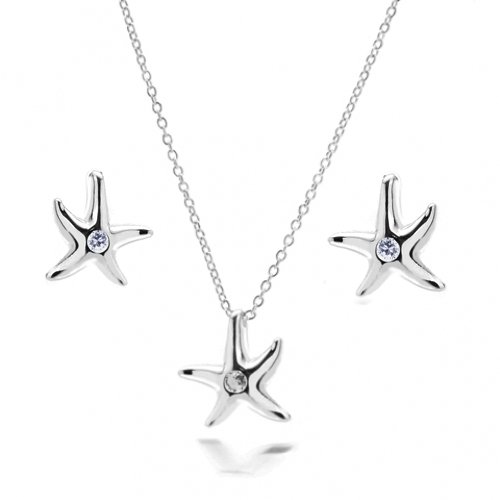 Bling Jewelry Sterling Silver CZ Starfish Pendant Necklace & Starfish Earrings Set