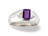 14K White Gold Genuine Emerald-cut Amethyst and Diamond Men's Ring