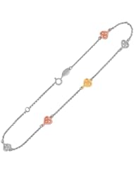 14K Yellow and Rose Gold and Sterling Silver Anklet with Filigree Heart Stations