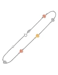 14K Yellow and Rose Gold and Sterling Silver Anklet with Filigree Heart Stations