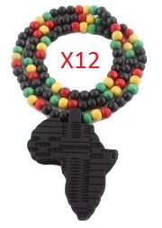 12 Pieces of Black Wooden Africa Pendant with Multi Colored 28 Inch Beaded Necklace Chain