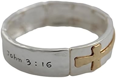 John 3:16 Inspirational Two Tone Hammered Style Silver and Gold Tone Stretch Bangle Bracelet