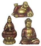 Buddha, Happy Buddha & Kuan-Yin Miniature Statues - Set of 3