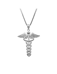 Sterling Silver Caduceus Necklace Pendant with Box Chain