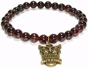 Garnet and Charm Stretch Bracelet, Garnet Gemstone Stretch Bracelet , Garnet And Owl Charm Bracelet