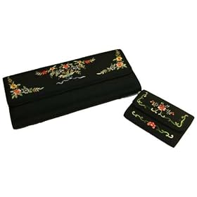 Silk clutch purse and wallet set with embroidered spring flower accents - black
