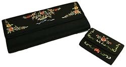 Silk clutch purse and wallet set with embroidered spring flower accents - black