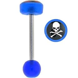 Blue Acrylic Skull and Crossbones Logo Barbell Tongue Ring