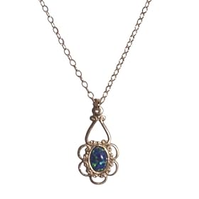 Childrens' Necklace Filigree Blue Opal 14K Yellow Gold Fill Adjustable Length: Jewelry