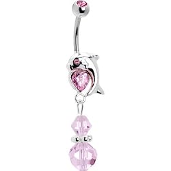 Fancy Pink Heart Dolphin Bead Dangle Banana Belly Ring
