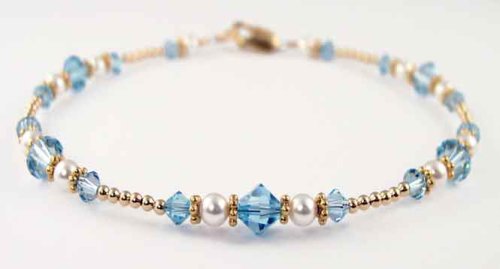 Aquamarine - March Beaded Anklets: Swarovski Crystal Birthstone Jewelry. Adjustable 14K Gold Filled Ankle Bracelets